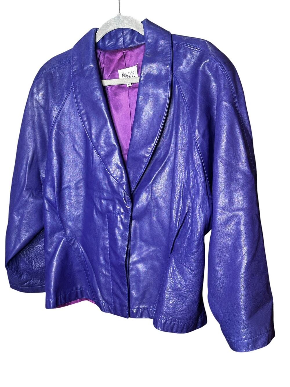 Vtg 80s Maxima Ultraviolet Purple Leather Jacket Statement Dolman Sleeve Coat L